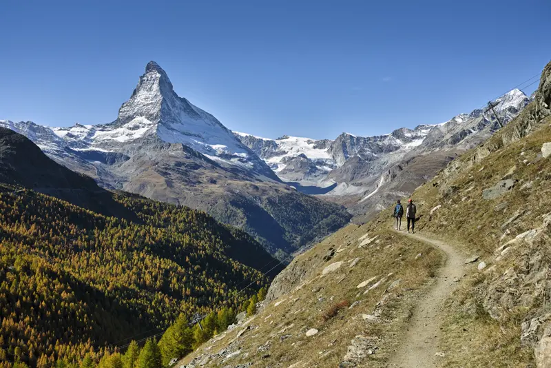 Matterhorn nad Zermatt, ścieżka nad doliną i modrzewiowy las jesienią